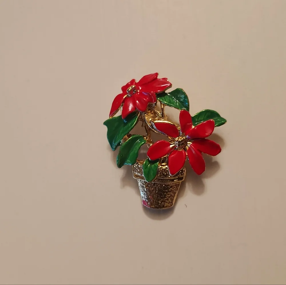 Avon Poinsettia Pot Small Christmas Brooch - Picture 1 of 6